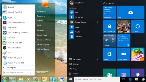 windows 7 and 10 start menus