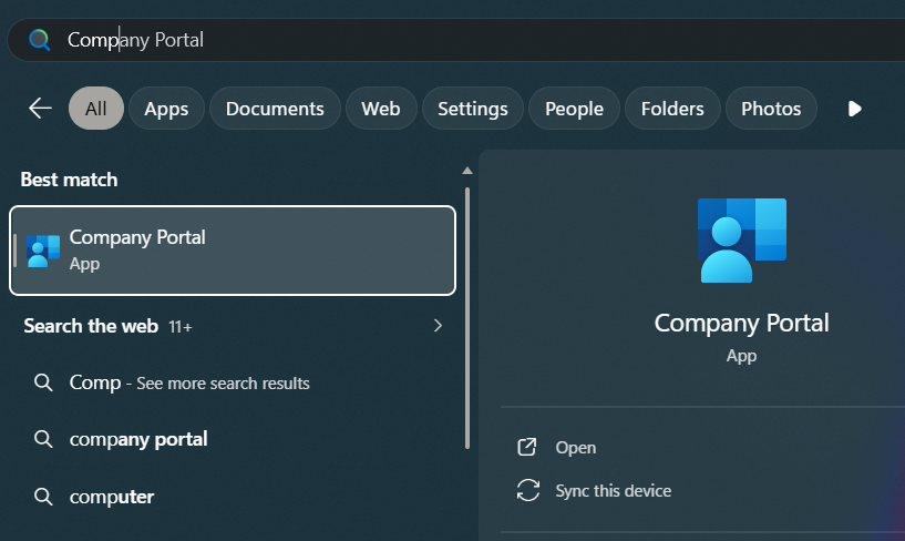 Company Portal app search